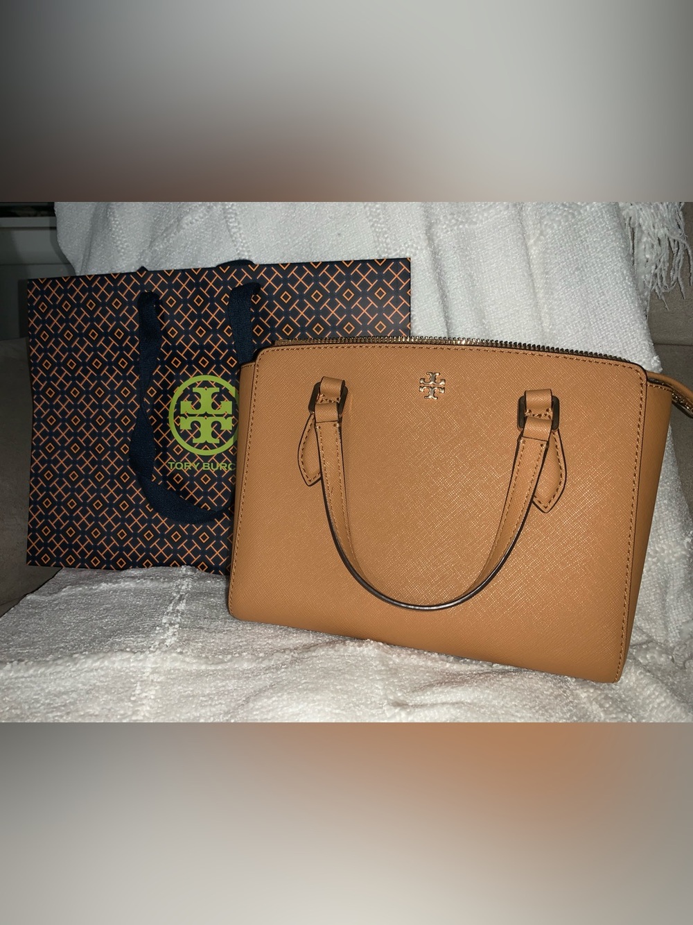 Tory Burch Caramel Tan Mini Satchel with Detachable Strap